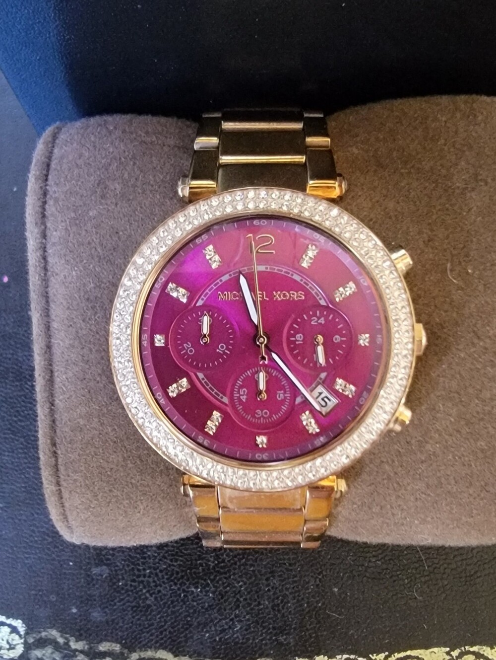 Michael Kors Parker Watch MK6417 Rose Gold Pink Face Crystal Bezel w Box Exc Con